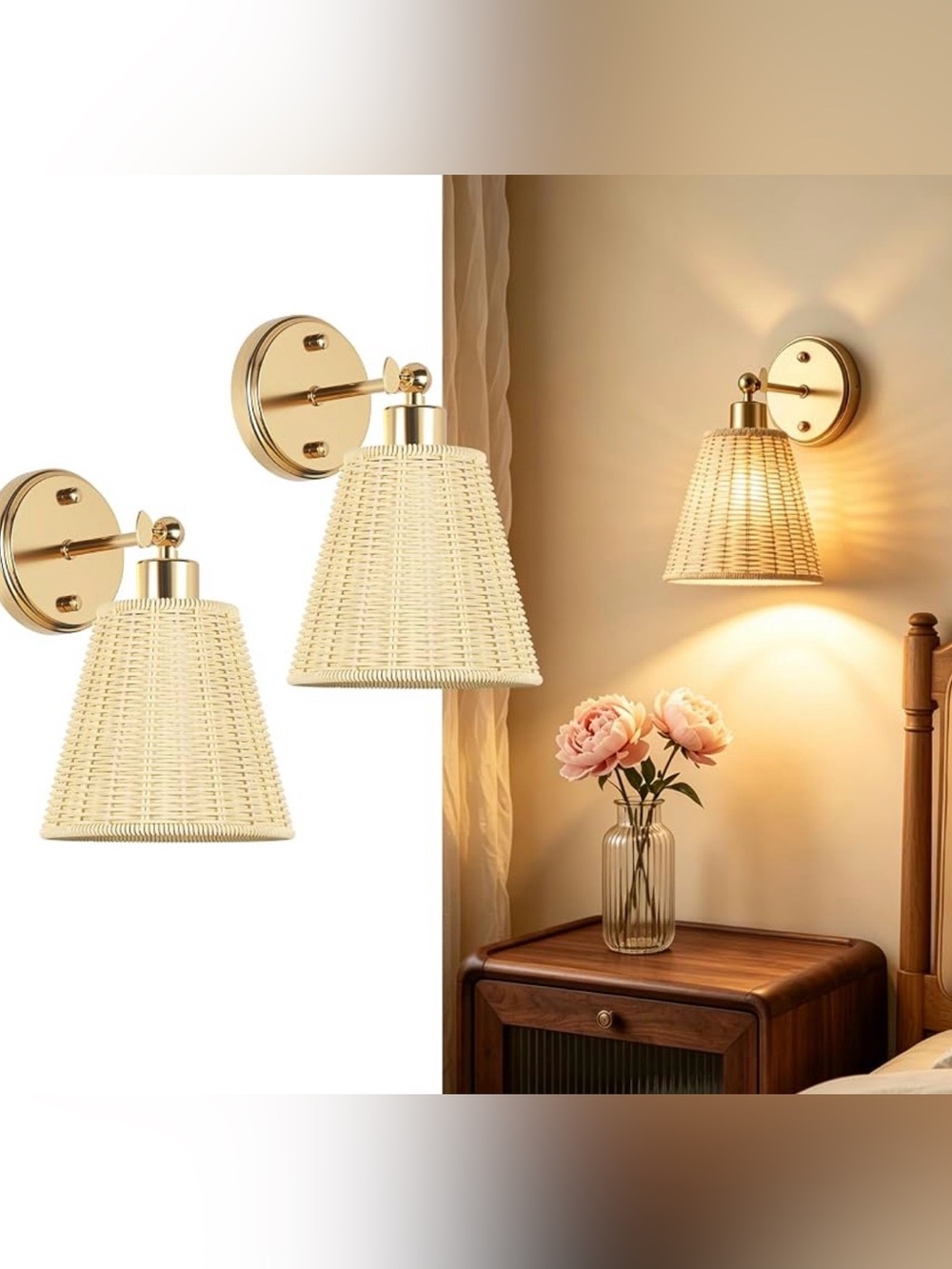 Set of 2, Boho Rattan No Wiring Swing Arms Wireless Lamps with woven lampshades